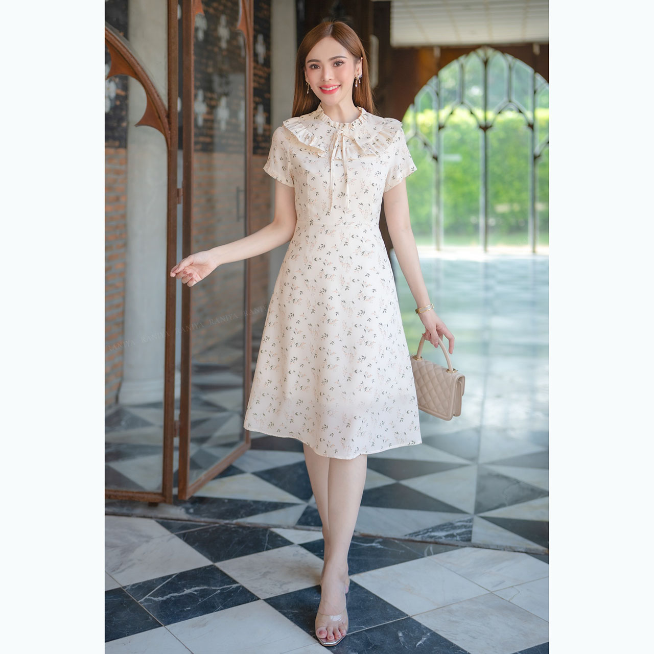 kudapy เดรสสั้นสีชมพูอ่อน/สีเขียวอ่อน/สีครีม เนื้อผ้าชิฟฟ่อนนุ่ม ใส่สบายงานซิปซ่อนหลัง มีซับในให้ในตัว ชุดทรงเอเบาใส่สบายไม่ร้อน