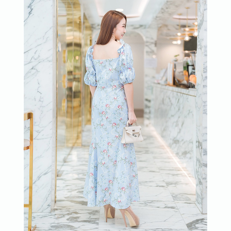 kudapy เดรสยาวสีฟ้า คอกว้างแขนตุ๊กตาสวยใส่สบายดูดี