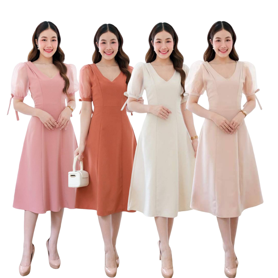 kudapy เดรสสั้นไปงานคอวีสีครีม สีขาว สีชมพู สีส้มอิฐ แขนตุ๊กตาผ้าแก้ว แต่งโบว์แขนเล็ เอวสูง ชายปล่อบทรง