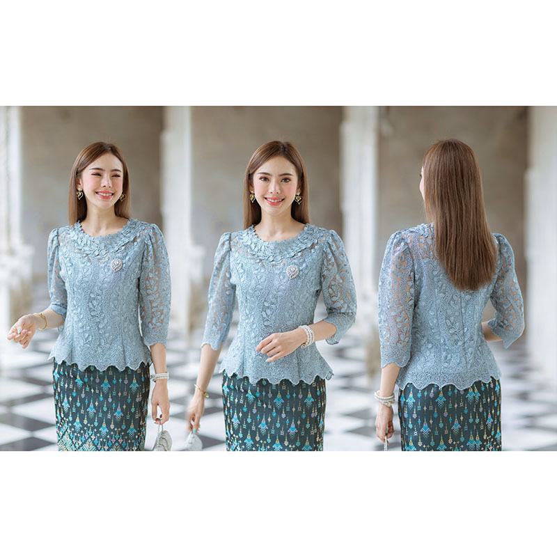 kudapy kudapy (เฉพาะเสื้อ) เสื้อลูกไม้สีม่วง/สีเขียว/สีฟ้า ผ้าลูกไม้ใยบวบเนื้อดี คอกลมสูง มีซับใน ซิปหลัง