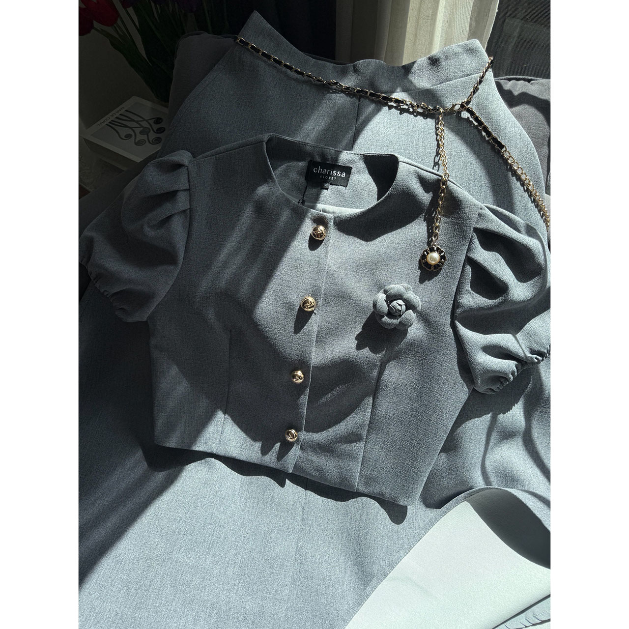 kudapy เซ็ทเสื้อแขนตุ้กตา เสื้อ กระโปรงเอวสูง เข็มกลัดดอกไม้ เข็มขัดโซ่