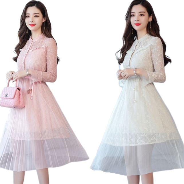 kudapy เดรสสั้นยาวคลุมเข่าสีชมพู/สีครีม ทรงคอจีนผ่าหน้าติดกระดุมจริงน้าา กระโปรงแต่งผ้ามุ้งอัดพลีตด้านนอก ด้านในมีซับและผ้าลูกไม้อีกชั้นค่ะ