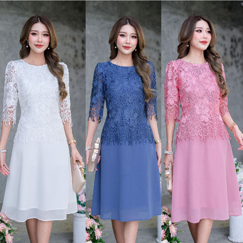 kudapy เดรสสั้นสสีคราม/สีชมพู/สีขาว ลูกไม้เงาคัดเกรดผ้าสวยลายแน่นคะ ดีไซน์สวยดูแพง
