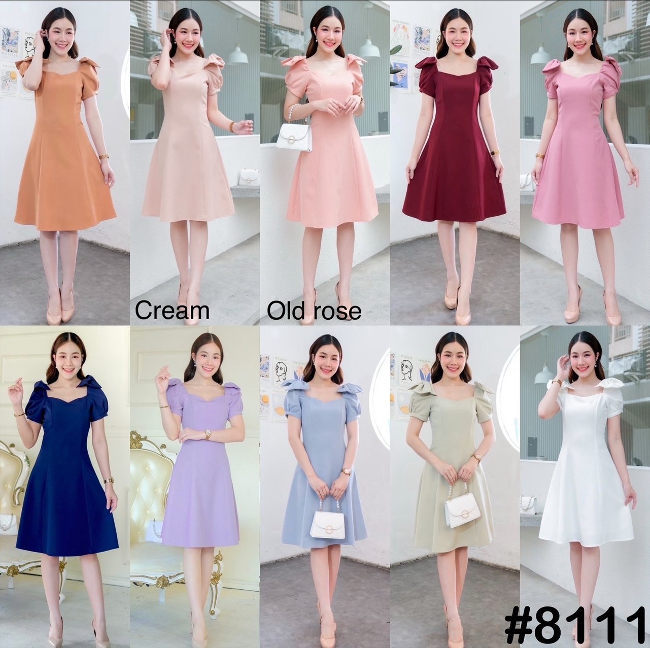 kudapy เดรสสั้นสีกรม/สีม่วง แขนตุ๊กตา ดีเทลบ่าโบว์ ทรงอกหัวใจ ปิดหัวไหล่ โบว์ปกบ่า เปิดหัวไหล่ โชว์โบว์