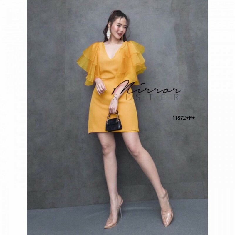 kudapy เดรสสีพื้นผ้าซาร่า แขนผาแก้วระบาย 2 ชั้น มีซิหลัง ดีเทลสวย ใส่ได้หลายโอกาส