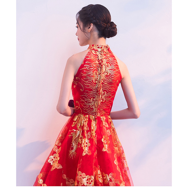 kudapy ชุดเจ้าสาวยกน้ำชาสีแดง คอเต่าแขนกุดหน้าสั้นหลังยาว