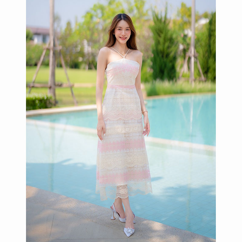 kudapy เดรสยาวสีฟ้า/สีชมพู ลูกหัวใจยาวผูกคอ ใส่เที่ยวทะเล เนื้อผ้าเบาสบายตัว