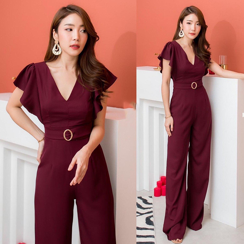 kudapy จั๊มสูทคอวีขายาวสีน้ำตาล สีเขียว ระบายแขน มาพร้อมเข็มขัด เนื้อผ้านำเข้าอย่างดี ทรงสวยมาก