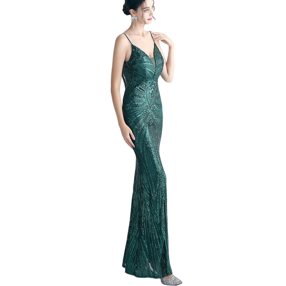 kudapy ชุดราตรียาวผ้ากริสเตอร์สายเดี่ยวคอวี โชว์หลัง สีเขียว,สีแดงเบอร์กันดี้,สีดำ,สีเงิน,สีชมพูโรสโกลด์ สีเขียวมิ้นท์ สีฟ้า ผ้าขยายได้ สวมเข้ารูป