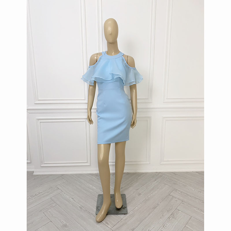 kudapy เดรสสั้นสีชมพู/สีกรม/สีฟ้า/สีโอวันติน มินิเดรสเว้าไหล่แต่งระบาย