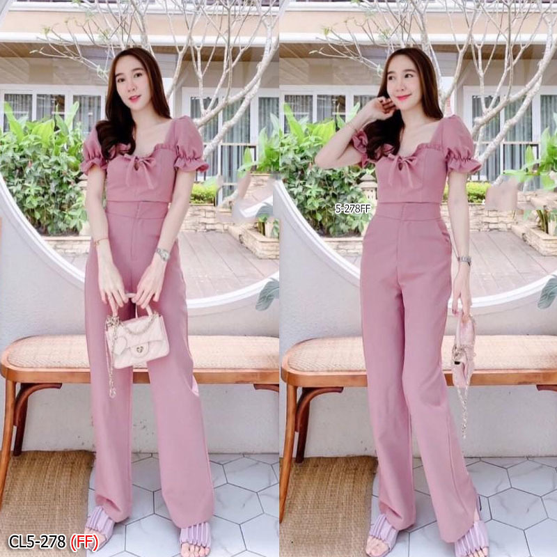 kudapy Set 2 ชิ้นสี ชมพู น้ำตาล เขียว เสื้อแขนพองปลายแขนสม๊อค อกจับจีบผูกโบว์ มาพร้อมกางเกงขายาว สวยๆ เก๋ๆ
