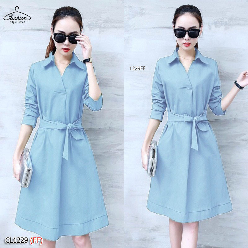 kudapy เดรสสั้นผ้าซาร่าสีพื้นปกเชิ้ต แขนศอก เอวไม่สมม๊อค มีเชือกผูกโบว์เข้ารูปสวยงาน