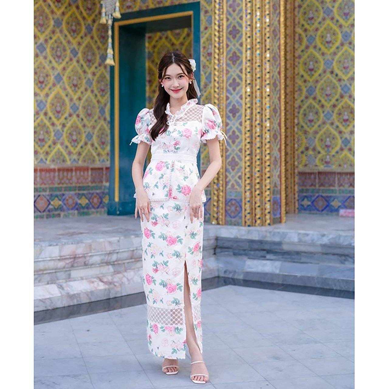 kudapy เดรสยาวสีขาว ลายดอกแต่งไหล่ชีฟอง ชุดทำงาน
