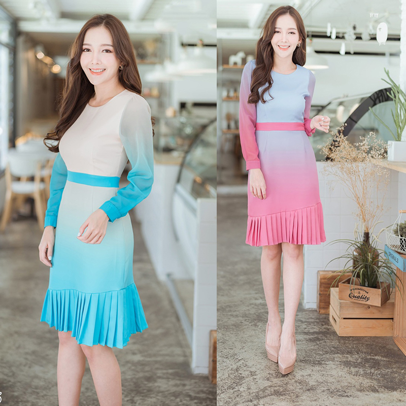 kudapy เดรสสั้นทูโทนสีชมพู ,สีครีมฟ้า แขนยาว ผ้าชีฟองยาวกึ่งกระโปรงพลีสสวยดูดีน่ารักมากๆ