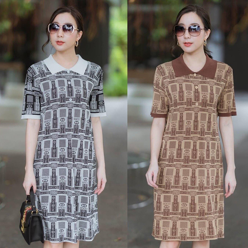 kudap เดรสคอปกผ้า knit สีขาวดำ/น้ำตาล แต่สีเรียบช่วงคอ ผ้านิ่มไม่หนา ใส่สบาย