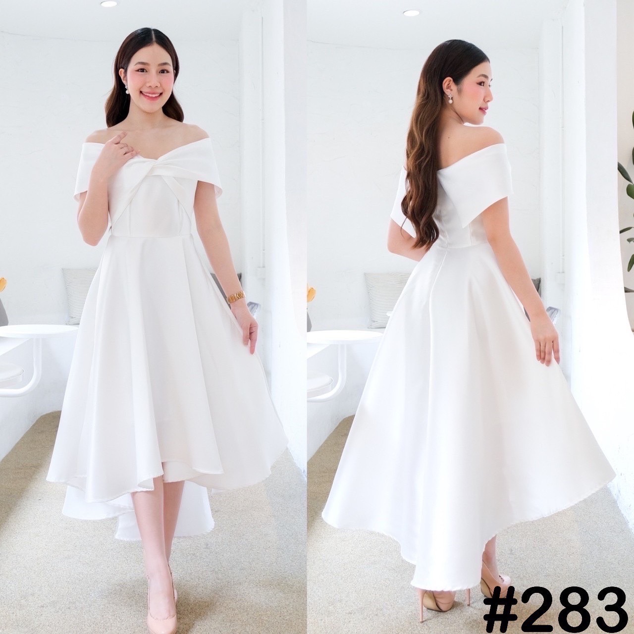 kudapy เดรสหน้าสั้นหลังยาวสีเขียว ทอง เทา ชม กรม แดง โรสโกล ขาว เปิดบ่าTwistอกใหญ่ ปิดพรางซ้อนแขน แบบอลังๆ แต่ไม่เวอร์วัง กระโปรงทรงหน้าสั้นหลังยาว