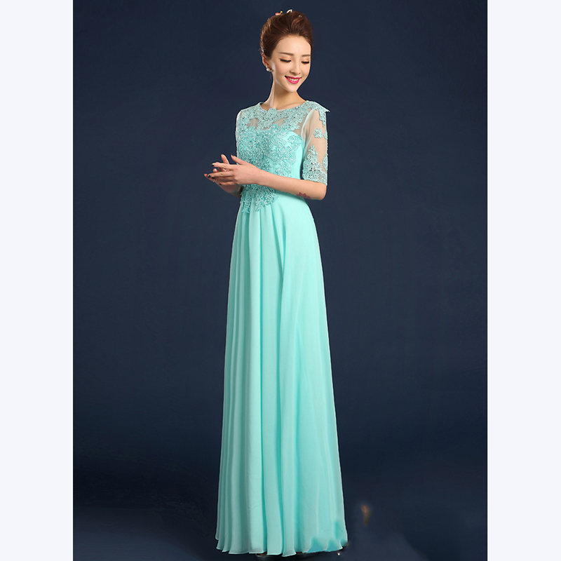 kudapy ชุดราตรียาวสีฟ้า/แขนสี่ส่วน ช่วงอกเป็นลูกไม้ แขน-ด้านหลังซีทรู เรียบหรู กระโปรงผ้าชีฟอง (ซิปหลัง)