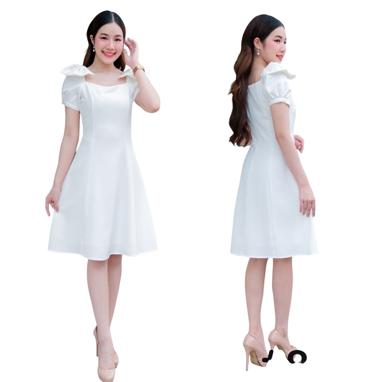 kudapy เดรสสั้นแขนสั้น สีครีม/สีชมพูโอรส/ สีชมพูกลีบบัว/สีขาว แขนตุ๊กตา ดีเทลบ่าโบว์ ทรงอกหัวใจ แพทเทิร์นนี้ใส่สวย