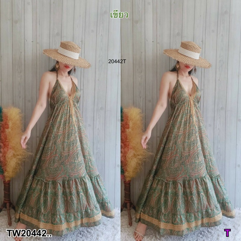 kudapy เดรสายเดี่ยวคู่ มีสายรูดผูกเอวปรับเข้ารูป เนื้อผ้าไหมอินเดียพิมพ์ทอง งานชิว ใส่สบาย ลุคเหมาะกับหน้าร้อนซัมเมอร์