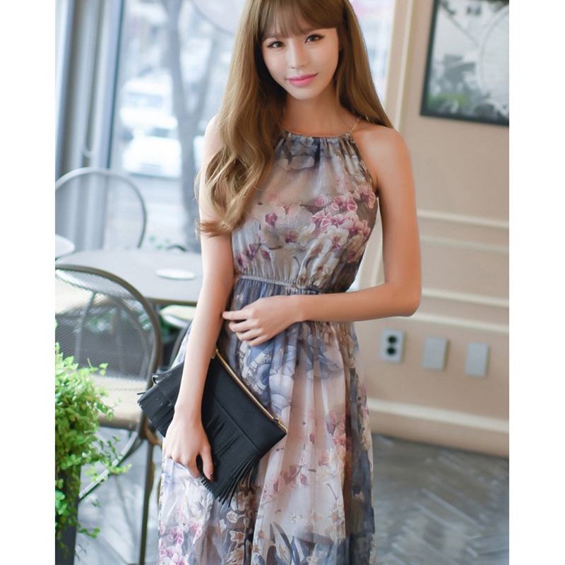 kudapy เดรสยาวสีกรม สายเดี่ยว ผ้าชีฟอง พิมพ์ลายดอกไม้ จั้มเอว มีซับใน ใส่ได้หลายโอกาส
