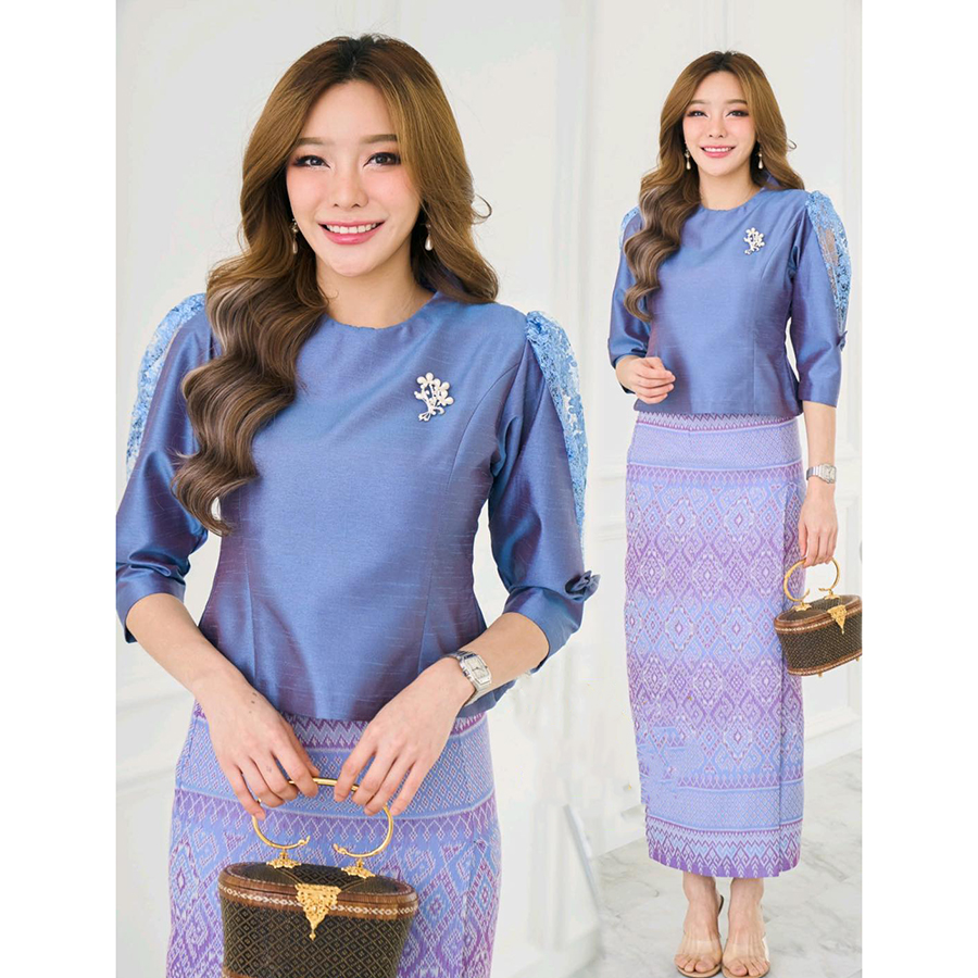 kudapy เสื้อผ้าไหมแพรทิพแต่งลูกไม้สีฟ้าเข้มประกายม่วง เสื้อแม่เจ้าสาว แม่เจ้าบ่าว เสื้อผ้าไหมซิบหลัง (เฉพาะเสื้อ)