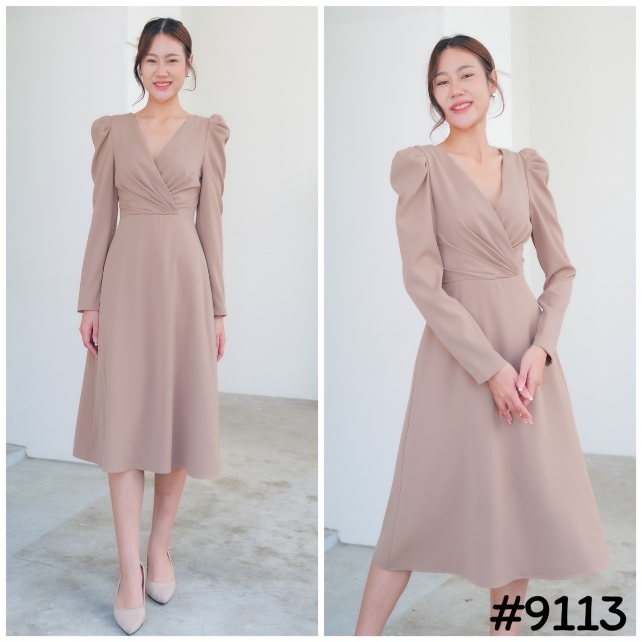 kudapy เดรสคอวี ดีเทลจับจีบอกไขว้ แต่งแขนตุ๊กตา กระโปรงฟรีสะโพก