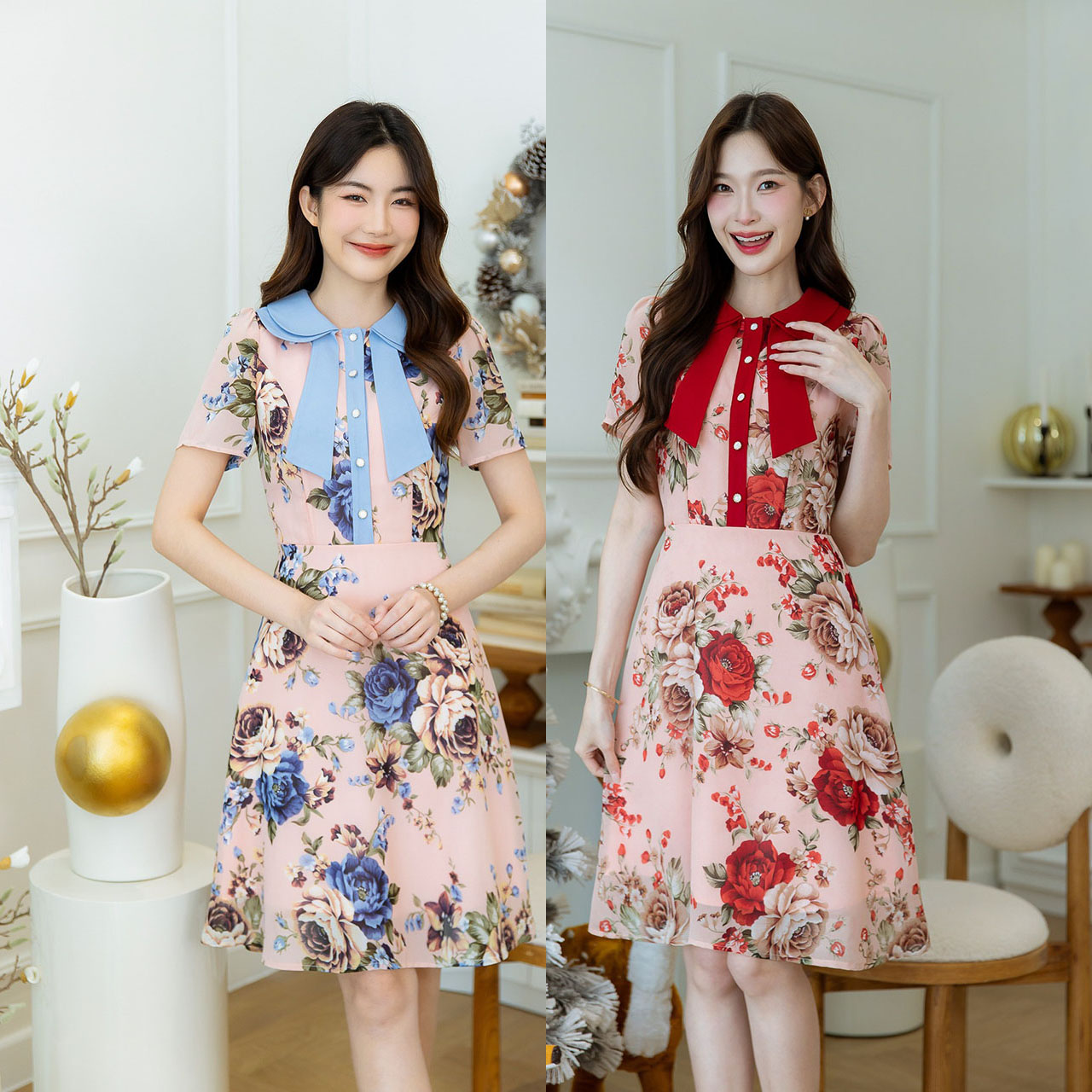 kudapy เดรสสั้นสีแดง/สีชมพู ชีฟองลายดอก สวยเด่น มีดีเทลสวย เป็นคอปกสองชั้นเย็บเป็นโบว์ กระดุมด้านหน้าเปิดได้จริง
