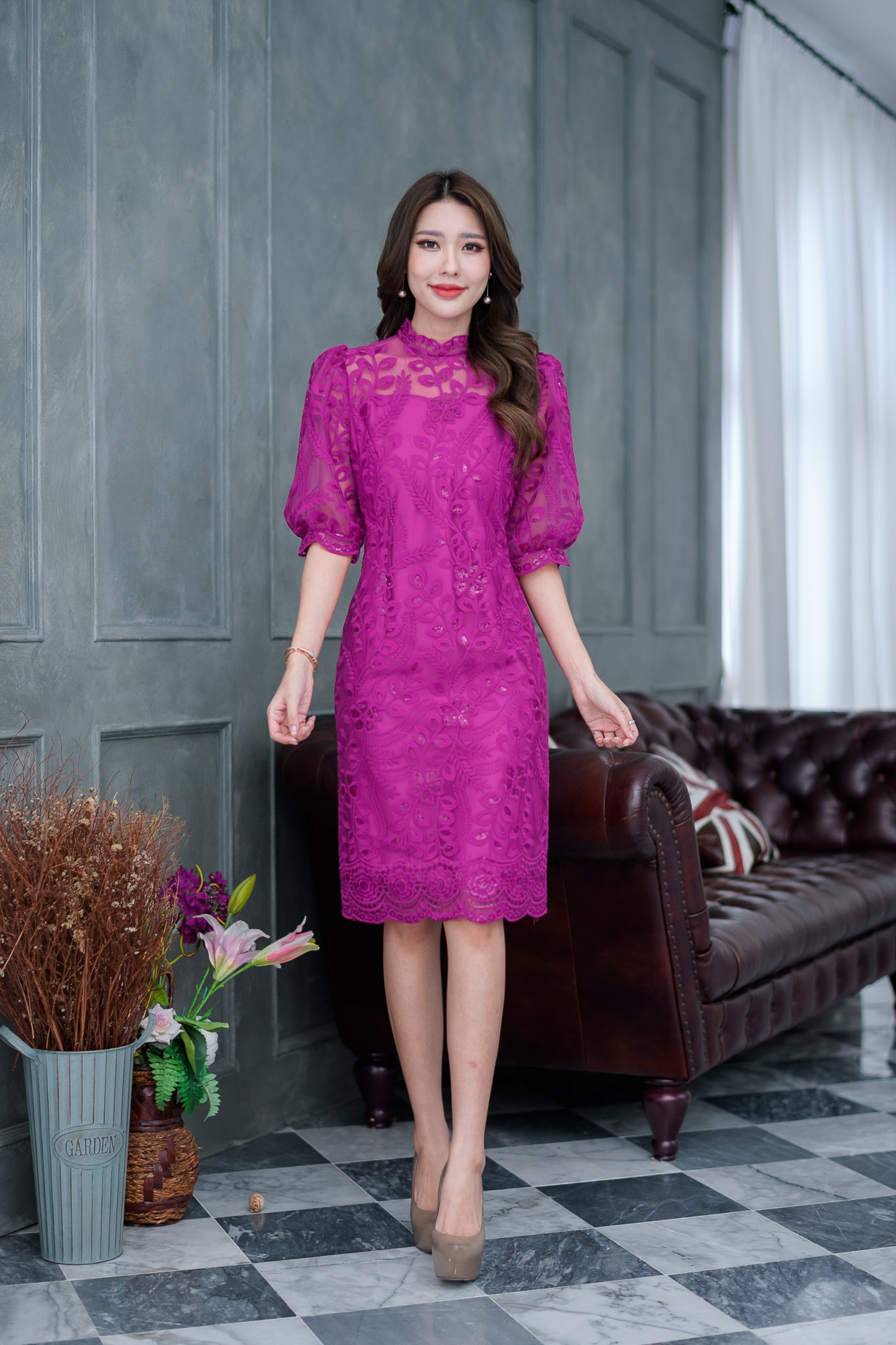 kudapy เดรสสั้นลูกไม้สีฟ้าคราม/สีชมพูอ่อน/สีชมพูบานเย็น เดรสคอจีน แต่งแขนพองบอลลูนสีส่วน