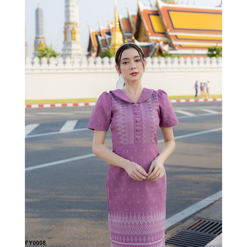 kudapy เดรสสั้นสีชมพู/สีดำ ผ้าลายไทย ทรงเข้ารูป แต่งกระดุม ใส่ออกงาน สวยดูดีเรียบร้อย