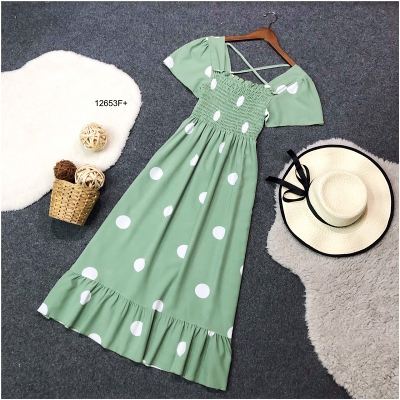 kudapy เดรสยาวสีกรมท่า ดำ ฟ้า เขียว เหลือง แดง คอเหลี่ยมแขนระบาย ผ้าไหมอิตาลี่ลายจุดใหญ่ อกแต่งสม็อค ชายเดรสแต่งระบาย