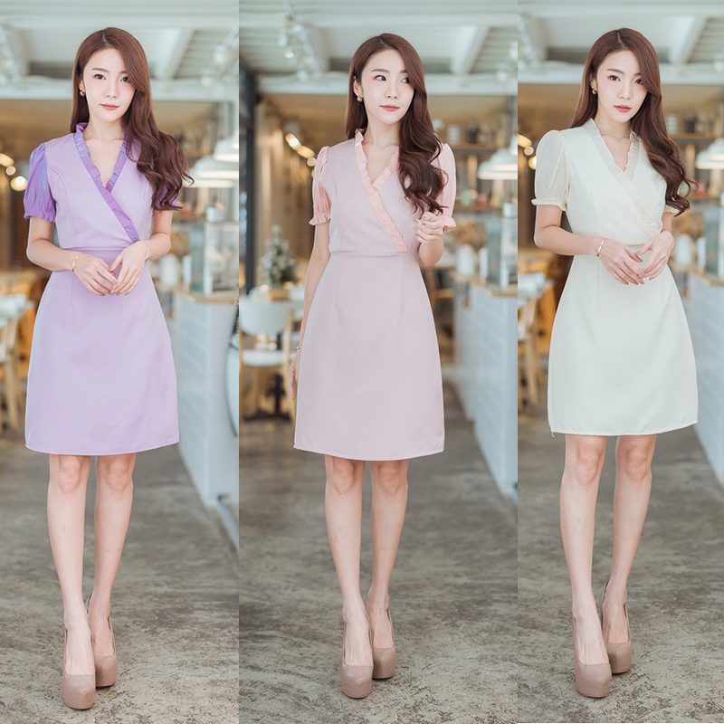 kudapy เดรสสั้นคอวีทรงเอสีม่วง/สีครีม/สีชมพู แขนบาร์บี้คอวีใส่สบาย สวยดูดี