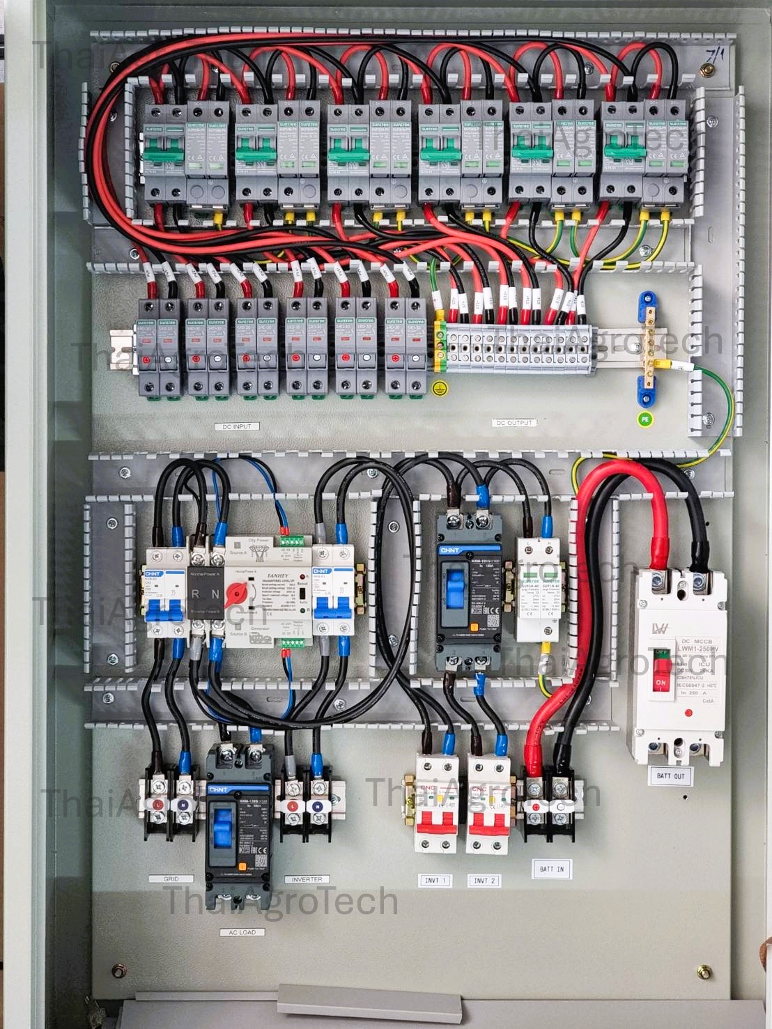 AC-DC Combiner On/Off-Grid Hybrid DC 6 String 800V, 2Inverters 1Phase, ATS (สลับไว) ตู้คอมบายเนอร์ สำหรับระบบโซล่าเซลล์ออนออฟกริดไฮบริด แบบรวม 2 อิเวอร์เตอร์ 1 เฟส ไว้ในตู้เดียวกัน