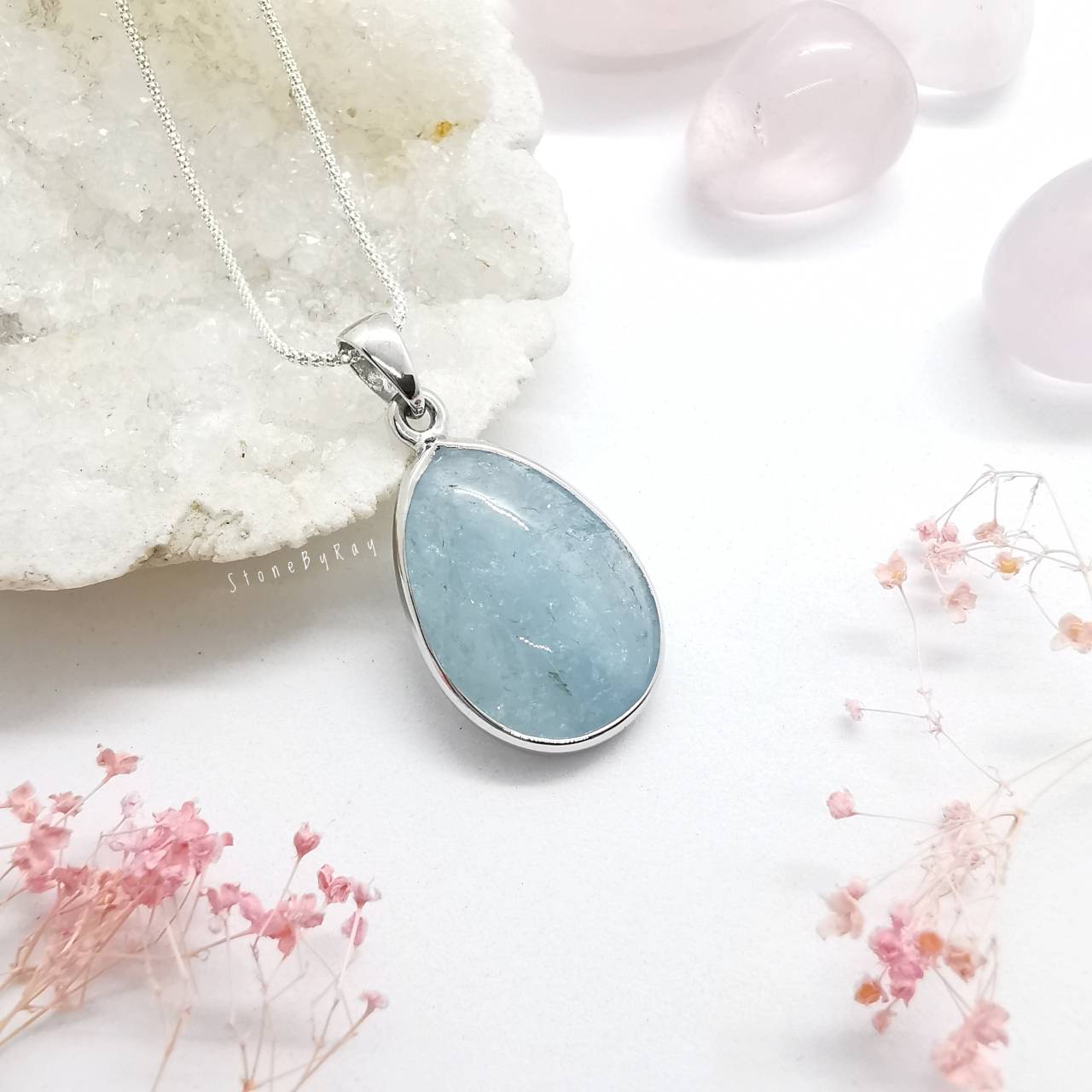 สร้อยคอเงินจี้หินอความารีน Aquamarine