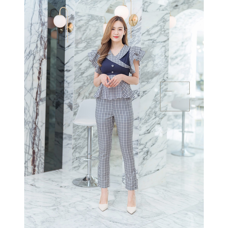 kudapy เซทเสื้อสกอต+กางเกงขายาวลายสกอตสีดำ/สีส้ม