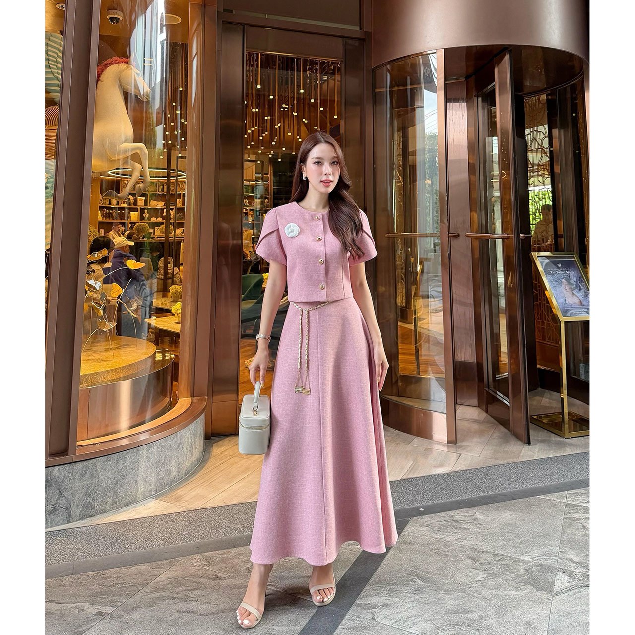 kudapy เซ็ทเสื้อแขนตุ้กตา เสื้อ กระโปรงเอวสูง เข็มกลัดดอกไม้ เข็มขัดโซ่