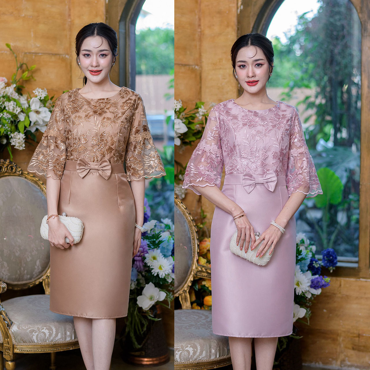 kudapy เดรสสั้นสีน้ำตาลทอง/สีชมพูอ่อน กระโปรงผ้าไหมตัวเสื้อเป็นผ้าลุกไม้ปักลายดอกไม้และปักเลื่อม แขนเป็นระบายปลายแขนใหญ่
