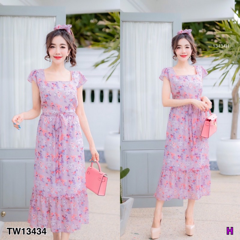 kudapy แม็กซี่เดรสสี ครีม ม่วง เขียว ชายระบาย ผูกโบว์เอว+ยางรัดผม ลายดอก