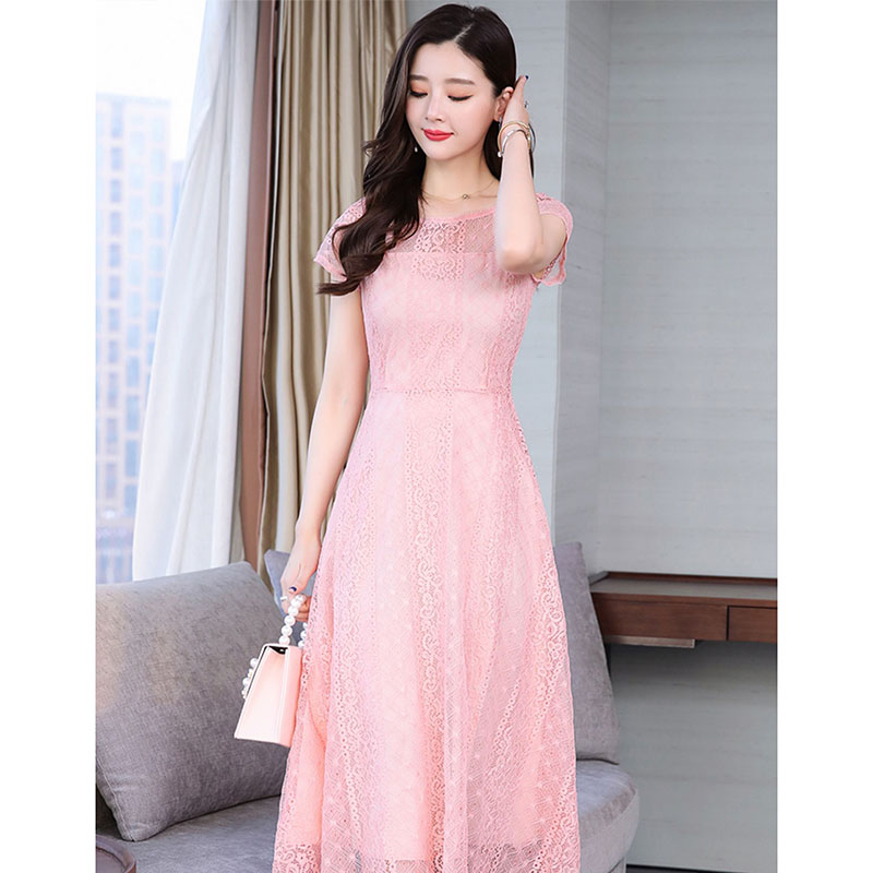 kudapy เดรสลูกไม้ยาวสีชมพู แขนสั้น กระโปรงทรงบานคลุมเข่า แนวเรียบร้อย สวย ดูดี ชุดเดรสทำงาน ชุดเดรสออกงาน