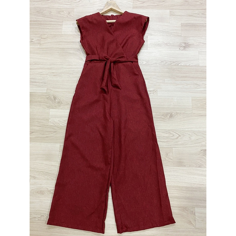 kudapy จั้มสูทขายาว แขนกุดเนื้อผ้าลินินสีพื้น ช่วงเอวแต่งไขว้ มีเชือกผูกโบว์ที่เอว