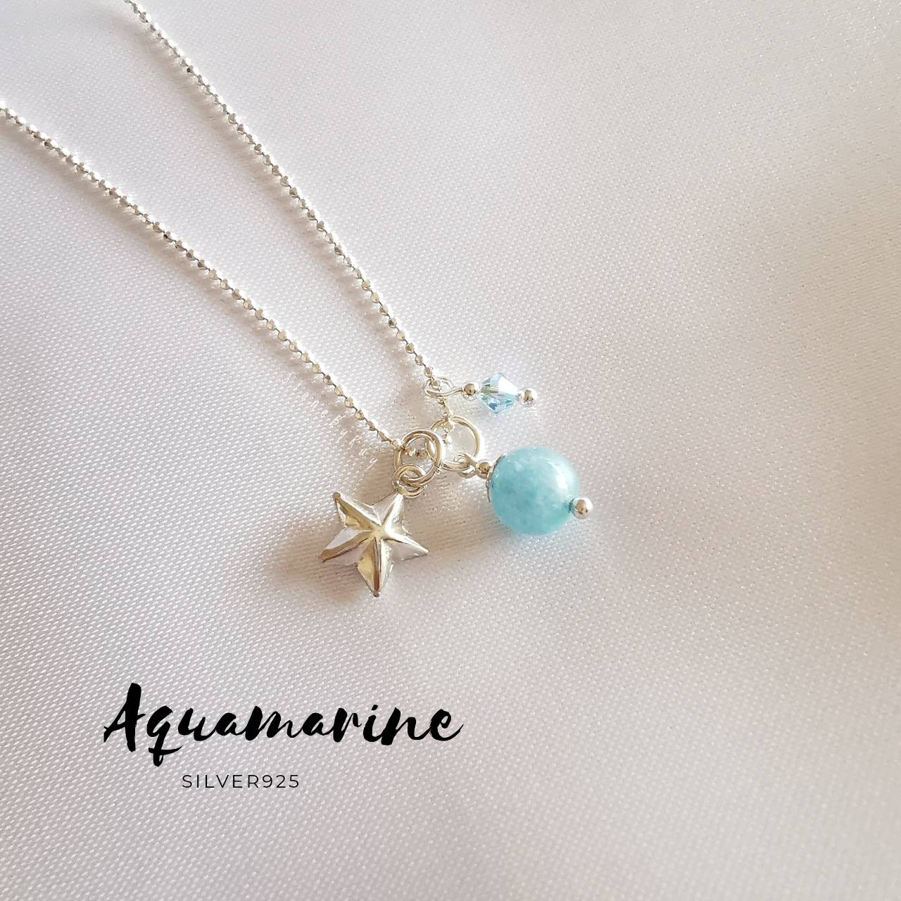สร้อยคอเงินจี้หินอความารีน+จี้เงินแท้รูปดาว Aquamarine
