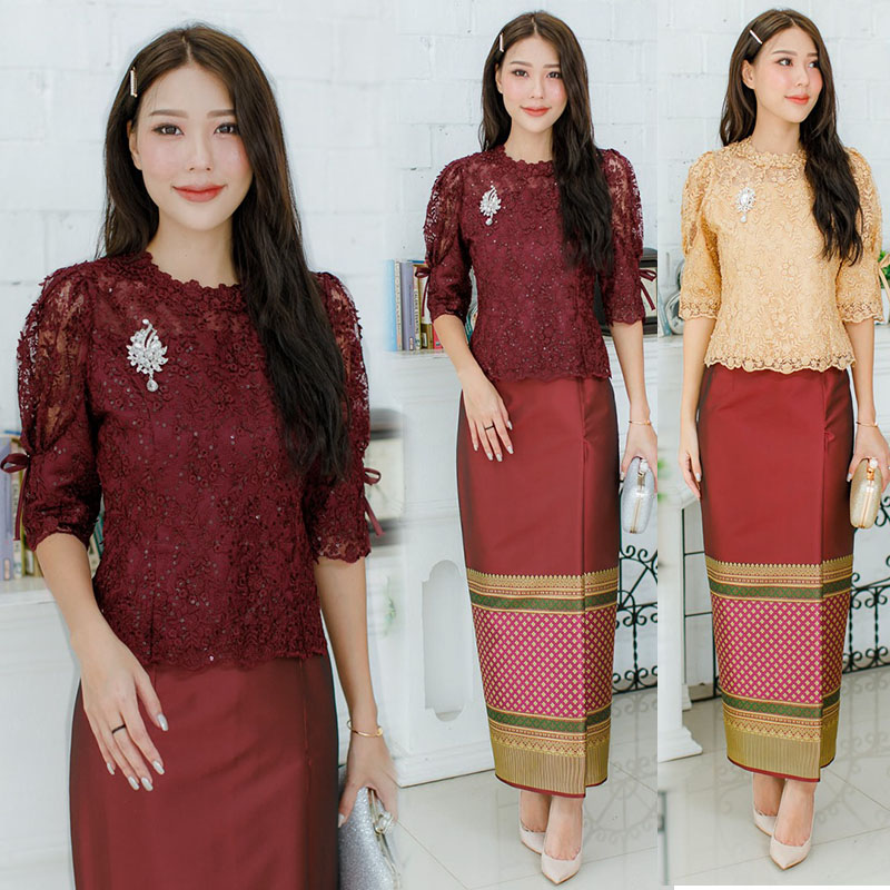 kudapy เสื้อลูกไม้ใยบวบสีแดง/สีทอง พรีเมี่ยมลูกไม้นำเข้า แขนดีไซน์เก๋มากมีโบว์ติด ทรงออกแบบทันสมัย (เฉพาะเสื้อ)