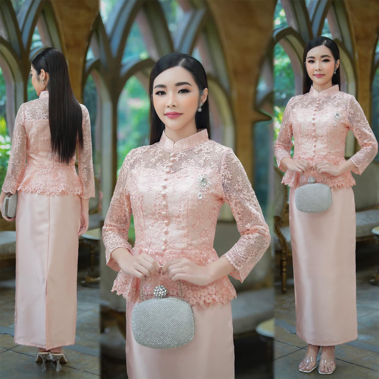 kudapy ชุดลูกไม้ใยบวบครีมน้ำตาลกะปิ / โอโรส ผ้าไหมญี่ปุ่น ผ้าหนาเงา ตัวเสื้อคอจีน