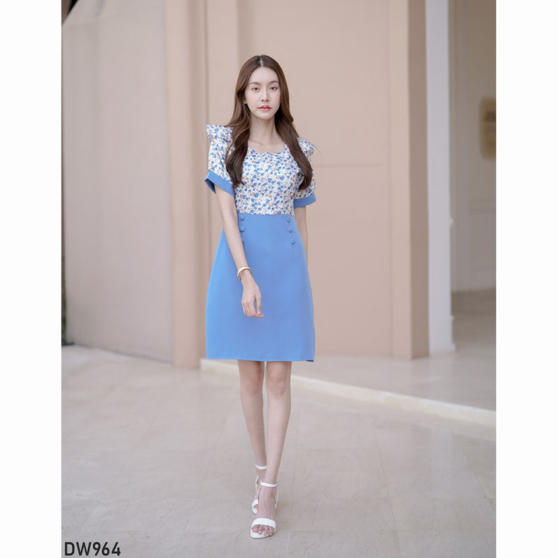 kudapy เดรสสั้นสีม่วง/สีชมพู/สีคราม แขนสั้นลายดอกมีกระดุม