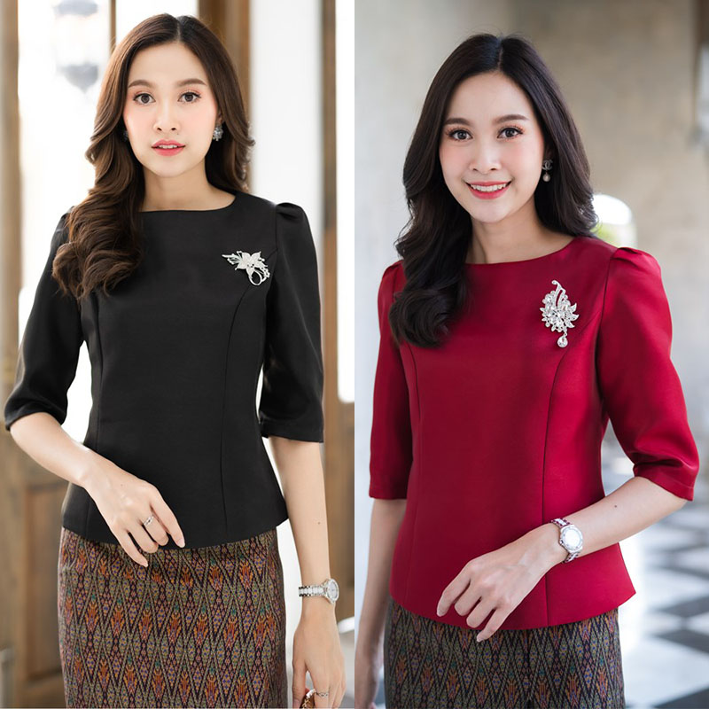 kudapy เสื้อใส่ออกงานสีดำ/สีแดง ผ้าไหผ้าไหมญี่ปุ่นเนื้อทราย ตัวเสื้ออัดกาวทั้งตัว ตัวเสื้อมีซับใน คอปาดแขนจับจีบมญี่ปุ่นเนื้อทราย