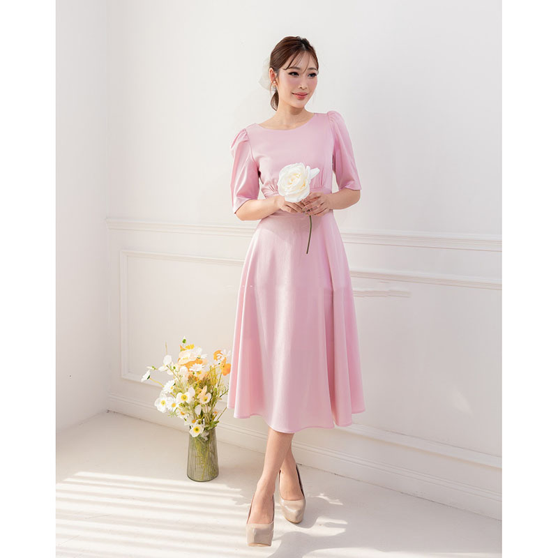 kudapy เดรสสั้นสีเขียว/สีน้ำตาล/สีฟ้า/สีชมพู กระโปรงบาน แขนสั้น ทรงรุ่นนี้ใส่แล้วสวยหวาน