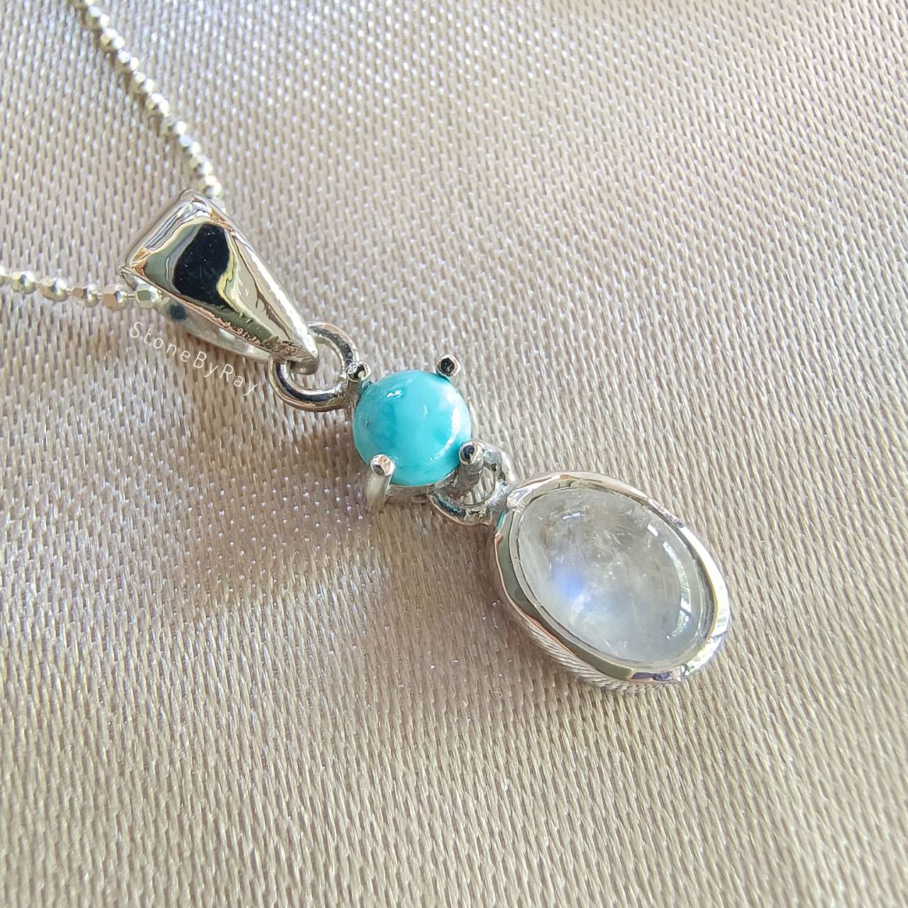 สร้อยคอเงินจี้หินมูนสโตนดีไซน์กับหินเทอร์ควอยส์ Moonstone+Turquoise