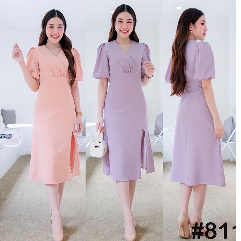 kudapy เดรสสั้นสีส้มโอรส/สีม่วง คอวีแขนสั้น เกาหลีมินิมอลสุดๆ เน้นเอวคอดใส่ผอมสวย กระโปรงฟรีสะโพกผ่าหน้า พริ้วๆทิ้งตัว