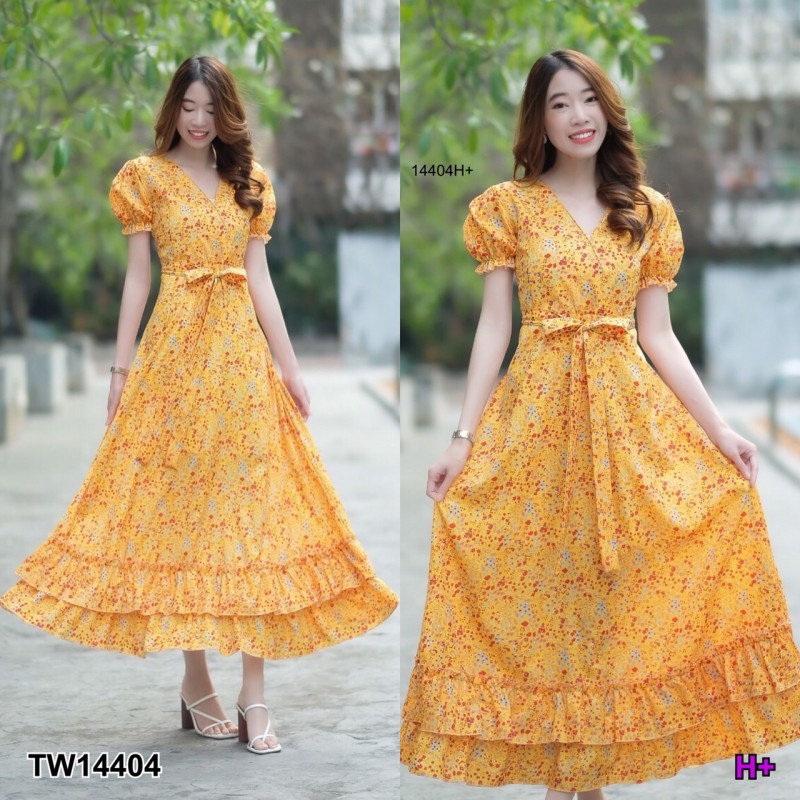 kudapy เดรสยาวสีดำ/สีน้ำตาล/สีเหลือง แขนตุ๊กตา คอวี ผูกโบว์เอว ชายเดรส2ชั้นแต่งระบายๆ