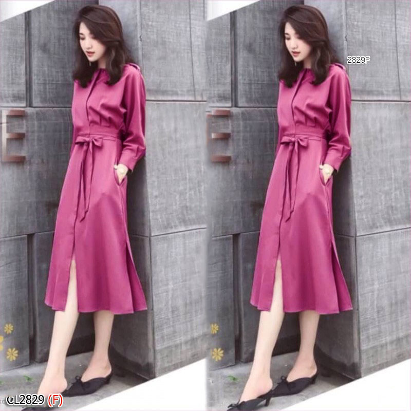 kudapy เดรสยาวสีแดง.ชมพู.น้ำตาล.กรม,ชมพูเข้ม,เทา สีพื้น ความยาวกำลังดี ติดกระดุมด้านหน้าแหวกด้านหน้า ชายกระโปรงผ่าข้าง