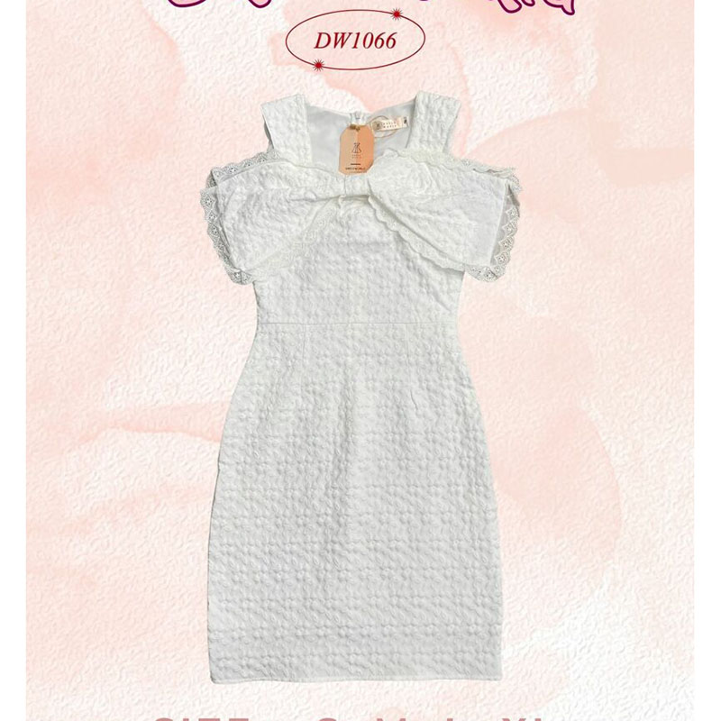 kudapy เดรสสั้นสีขาว/สีชมพู/สีครีม ออกงานโบว์ใหญ่ แขนกุด แต่งโบว์ด้านสวยดุดีน่ารัก ใส่เที่ยวสวยมากๆ